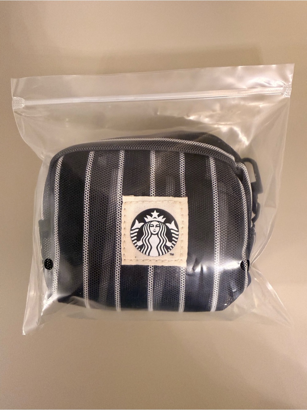 Starbucks Black, grey and White Striped tote in pouch